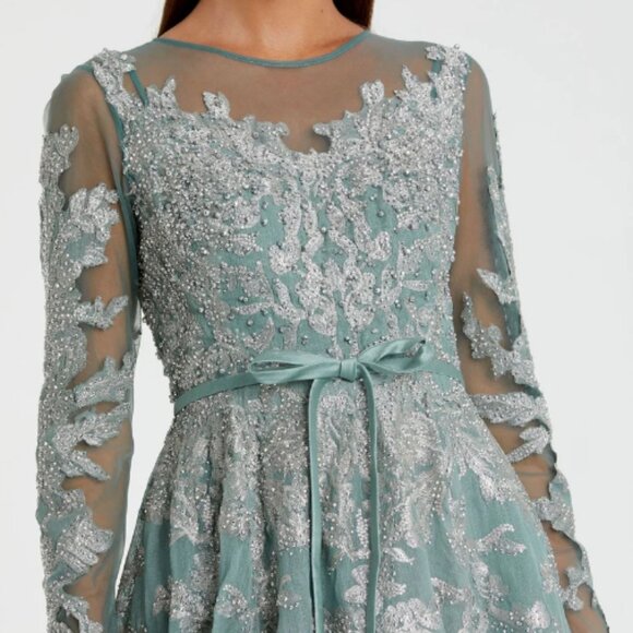 MAC DUGGAL 20337 EMEBELLISHED BOW BELT ILLUSIONS LONG SLEEVE A-LINE JADE RESS 6 - Picture 2 of 6